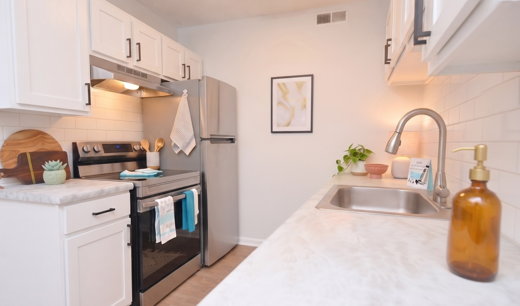 Spacious and well lit kitchen with wood floors and granite countertops