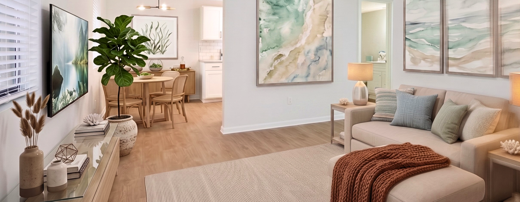 spacious and well lit living room with view into the dining room