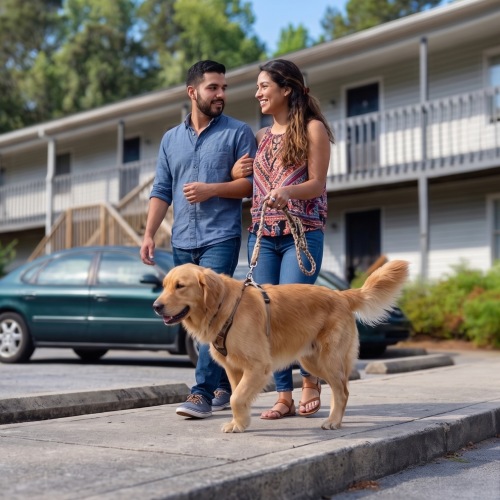 Couple walking a golden retriever outside the pet-friendly Jamestown Manor Apartments in High Point, NC.