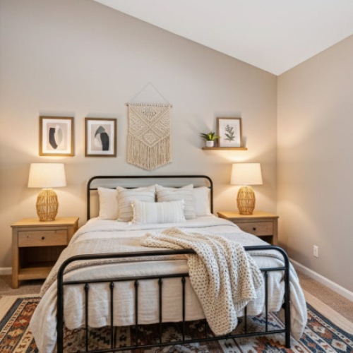 Bedroom with cast iron bed, two night stands with lamps. There is a bright window on the wall