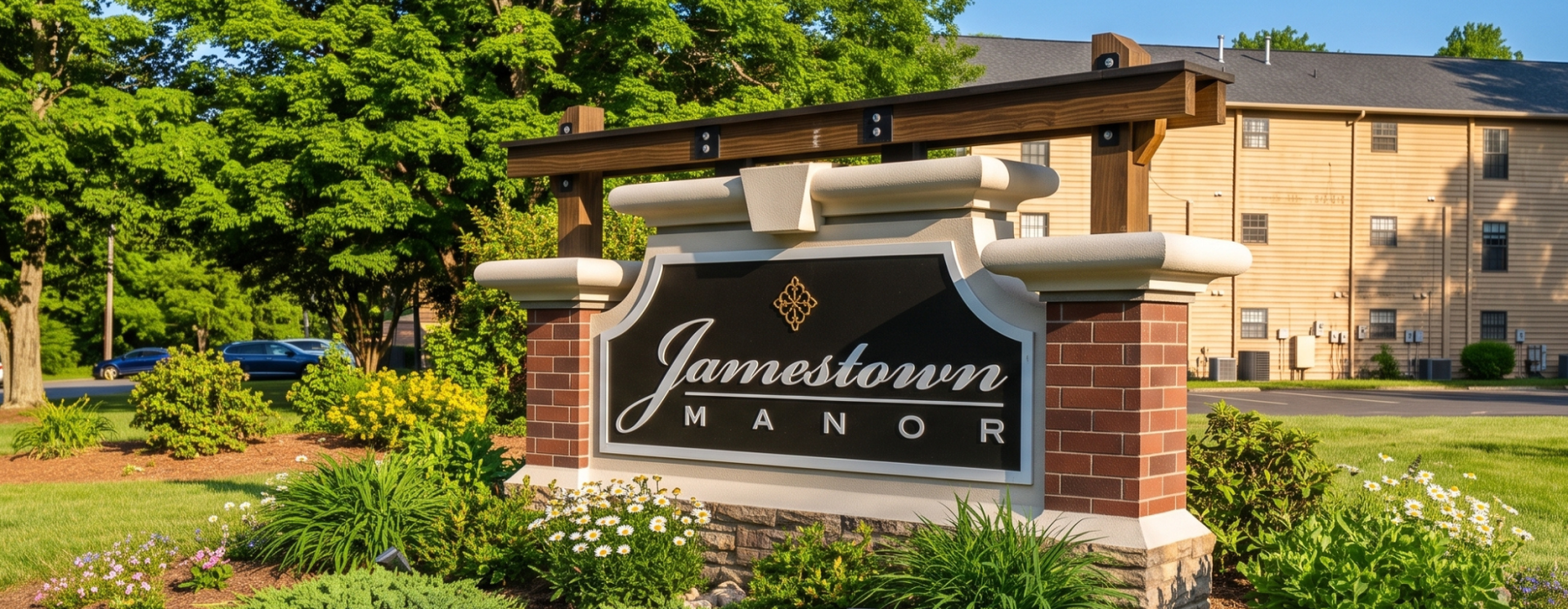 Jamestown Manor Apartments entrance sign surrounded by colorful landscaping, mature trees, and apartment buildings in High Point, NC.