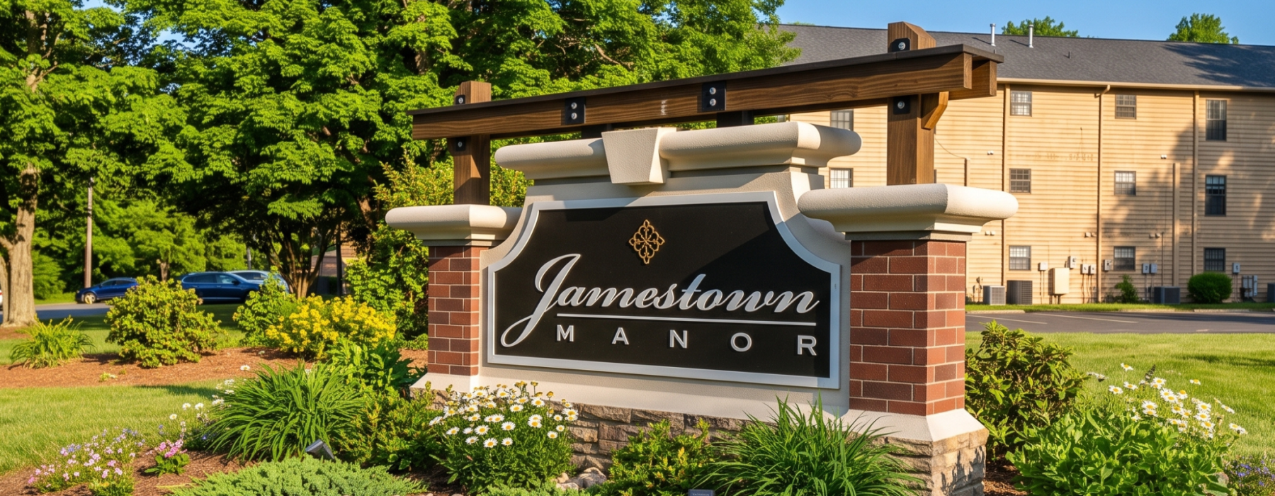 Wood and brick monument sign at Jamestown Manor Apartmens