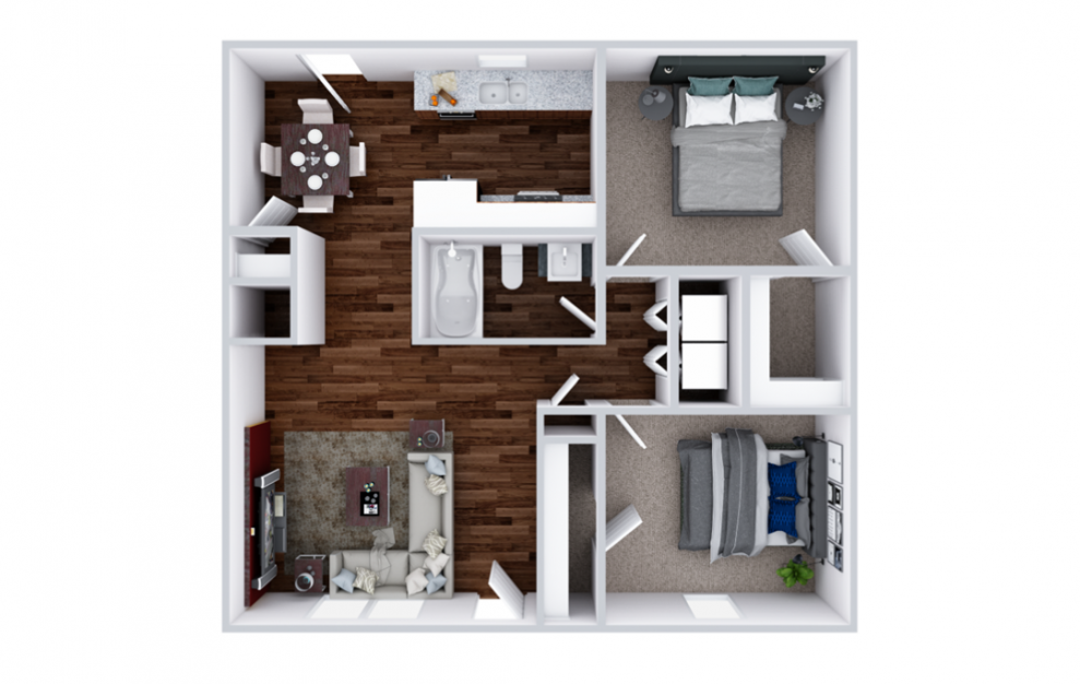 Sherrill Place - 2 bedroom floorplan layout with 1 bath and 816 square feet. (3D)