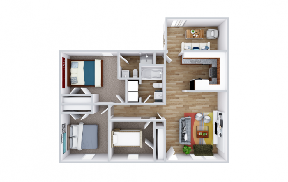 Jamestown Landing - 3 bedroom floorplan layout with 2 baths and 1100 square feet. (3D)