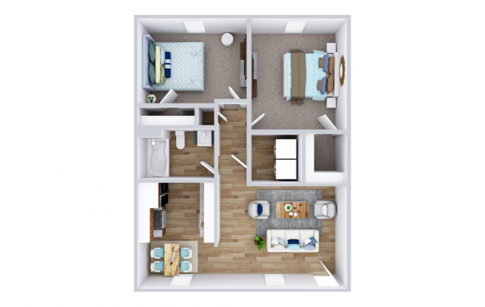 Jamestown Manor - 2 bedroom floorplan layout with 1 bath and 752 square feet. (3D)